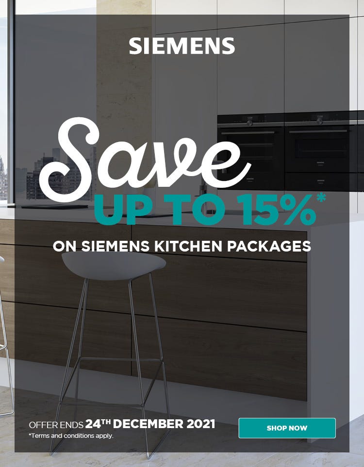 Save up to 15% on Siemens Kitchen Packages including ovens, microwaves, cooktops, rangehoods & dishwashers. Offer ends 24/12/21. Find out more at an e&s near you.