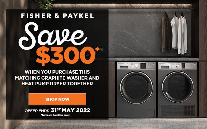 Save up to $300 on selected Fisher & Paykel graphite laundry packages at e&s. Offer ends 31/05/22. Find out more at an e&s near you today.