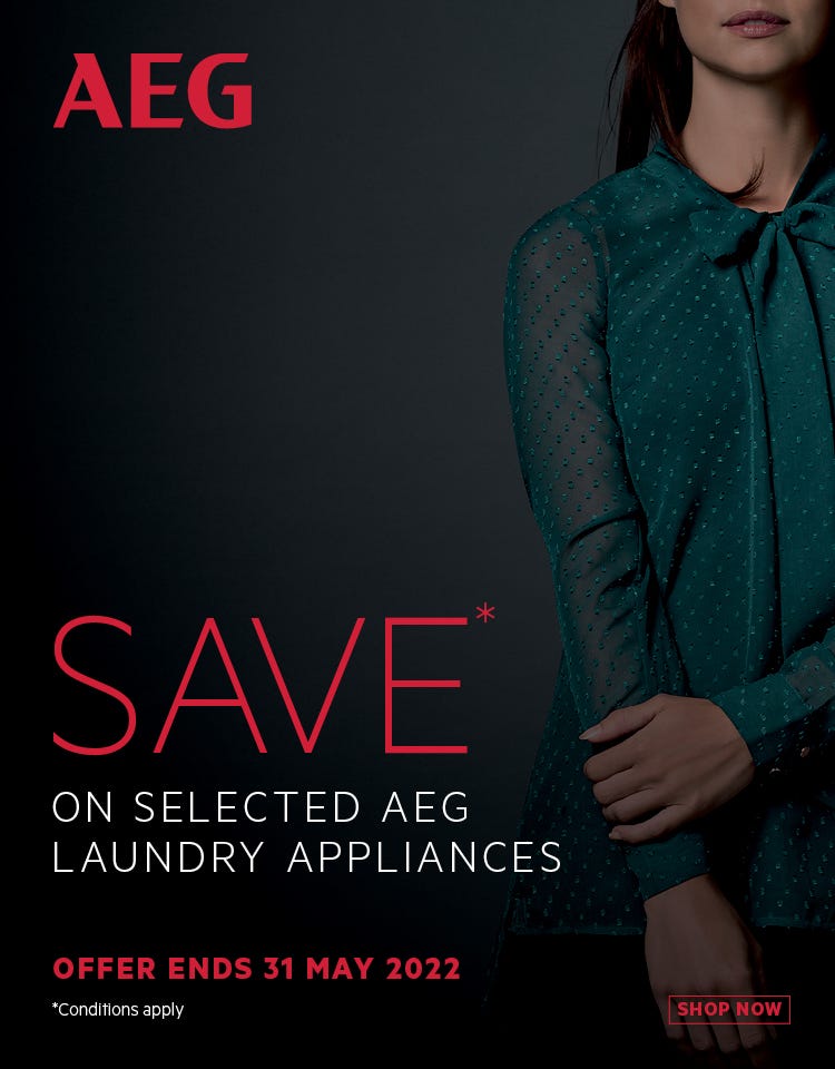 Save 5%* on selected AEG front load washers and energy efficient heat pump dryers at e&s. Offer ends 31/05/22. At an e&s near you.