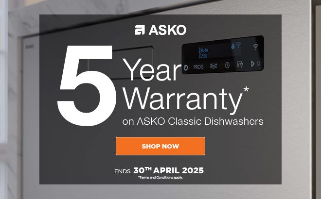 Get a Total 5 Year Warranty on Selected ASKO Classic Dishwashers & Laundry Appliances. Offer ends 30/04/25. At e&s where we won't be beaten on price.