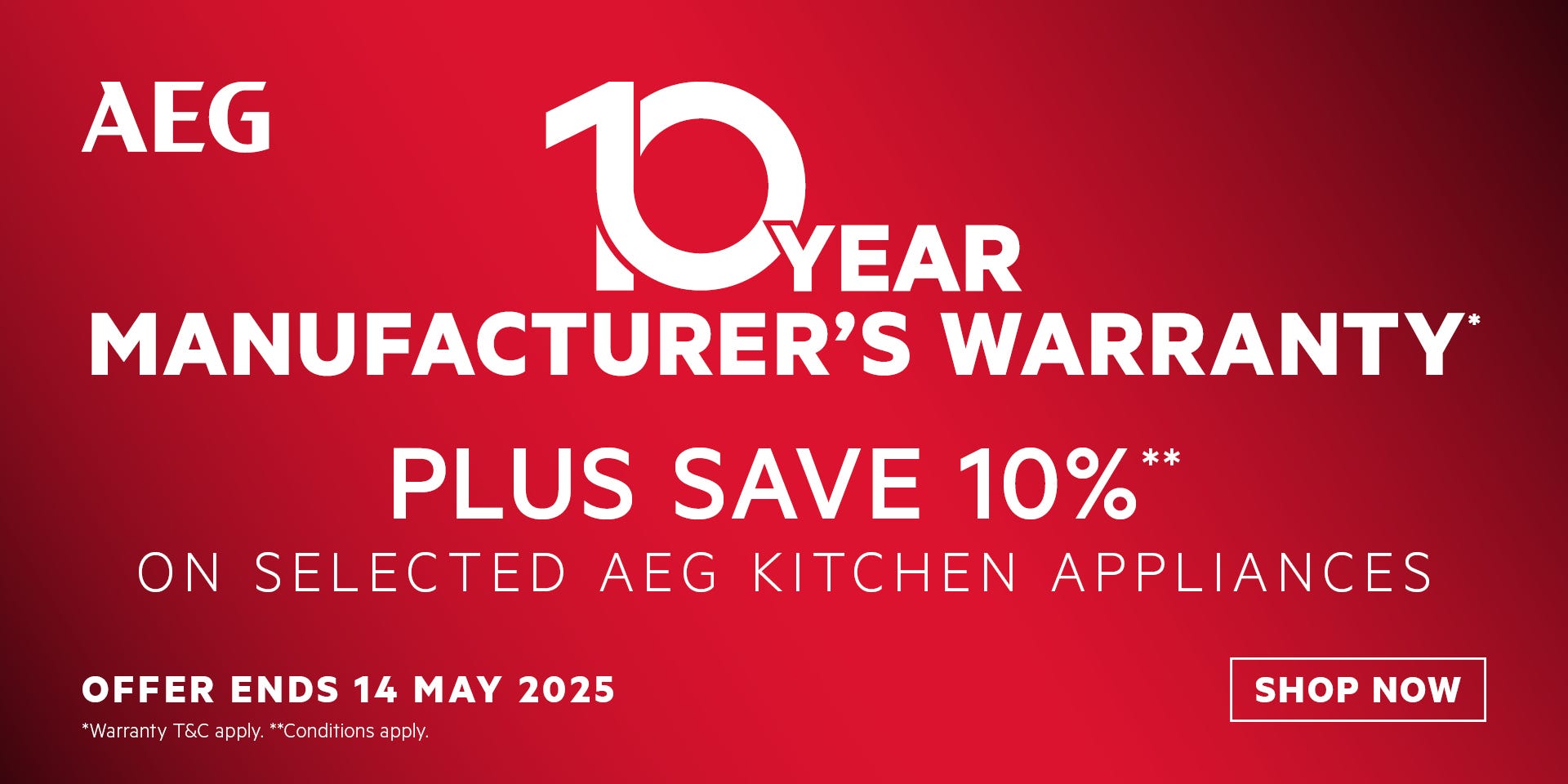 Get a 10 Year Manufacturer's Warranty PLUS 10%* Off RRP on Selected AEG Kitchen Appliances. Offer ends 14/05/25. At e&s where we won't be beaten on price.