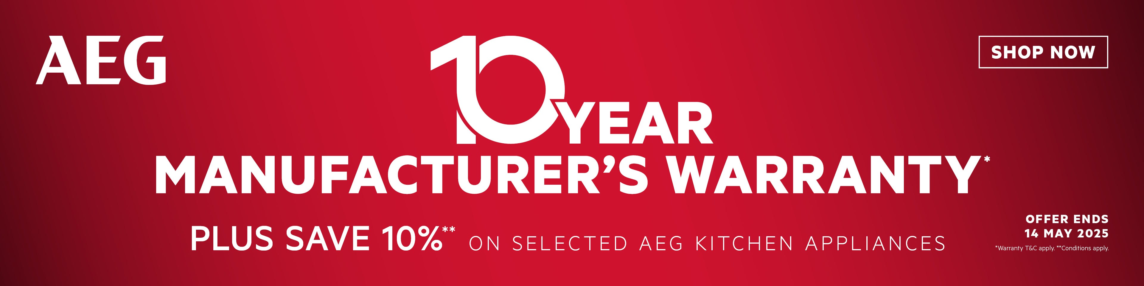 Get a 10 Year Manufacturer's Warranty PLUS 10%* Off RRP on Selected AEG Kitchen Appliances. Offer ends 14/05/25. At e&s where we won't be beaten on price.