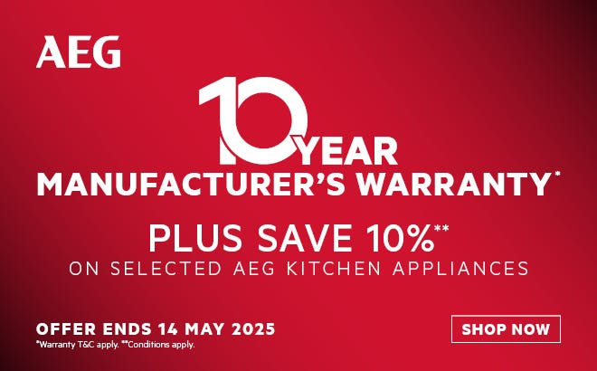 Get a 10 Year Manufacturer's Warranty PLUS 10%* Off RRP on Selected AEG Kitchen Appliances. Offer ends 14/05/25. At e&s where we won't be beaten on price.