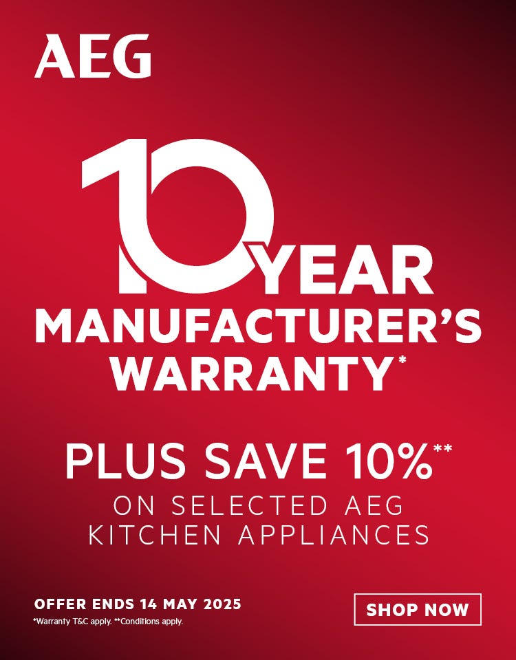 Get a 10 Year Manufacturer's Warranty PLUS 10%* Off RRP on Selected AEG Kitchen Appliances. Offer ends 14/05/25. At e&s where we won't be beaten on price.