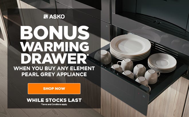 Get a Bonus ASKO Elements Pearl Grey Warming Drawer with Selected Elements Pearl Grey Purchases. While Stocks Last. At e&s where we won't be beaten on price.
