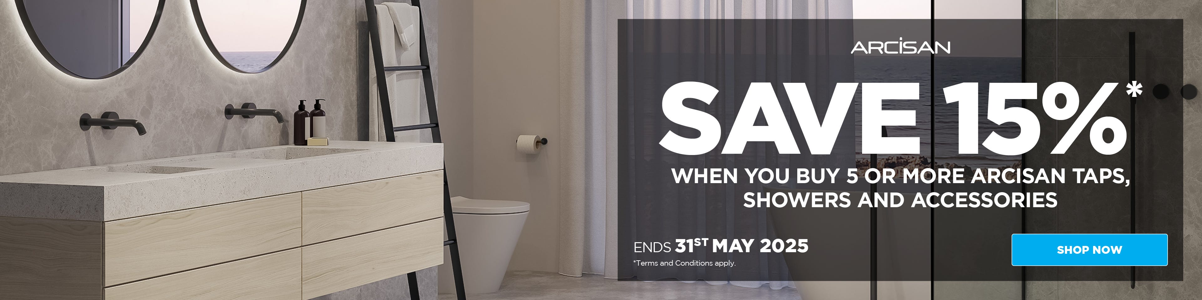Save 15%* when you buy 5 or More Arcisan Taps, Showers & Accessories. Offer ends  31/05/25. At e&s where we won't be beaten on price.