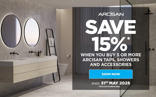 Save 15%* when you buy 5 or More Arcisan Taps, Showers & Accessories. Offer ends  31/05/25. At e&s where we won't be beaten on price.