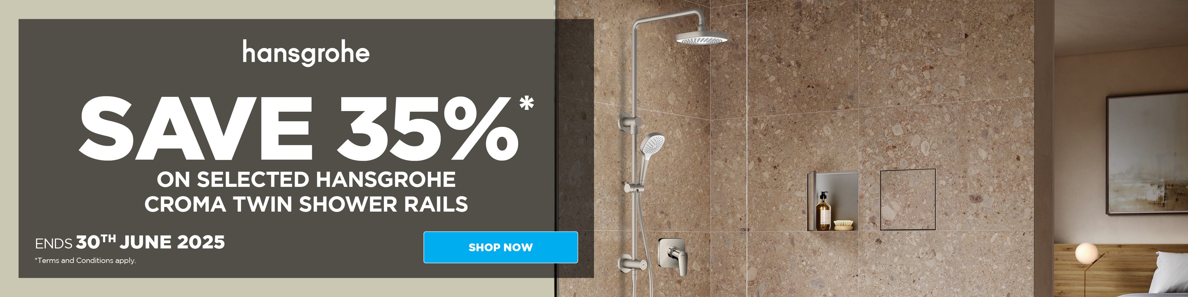 Save 35%* on Selected Hansgrohe Croma Twin Showers. Offer ends 30/06/25. At e&s where we won't be beaten on price.