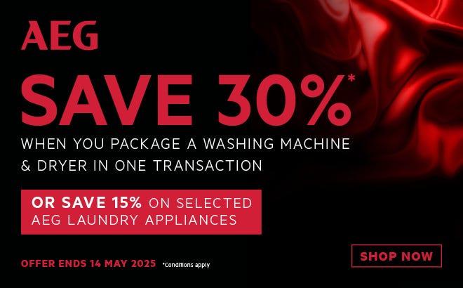 Save Up To 30%* on selected AEG Laundry Appliances. Offer ends 14/05/25. At e&s where we won't be beaten on price.