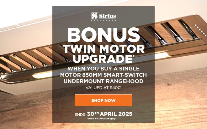 Get a Bonus Twin Motor Upgrade* When You Buy a Selected Single Motor 850mm Smart-Switch Undermount Rangehood. Offer ends 30/04/25. At an e&s near you.