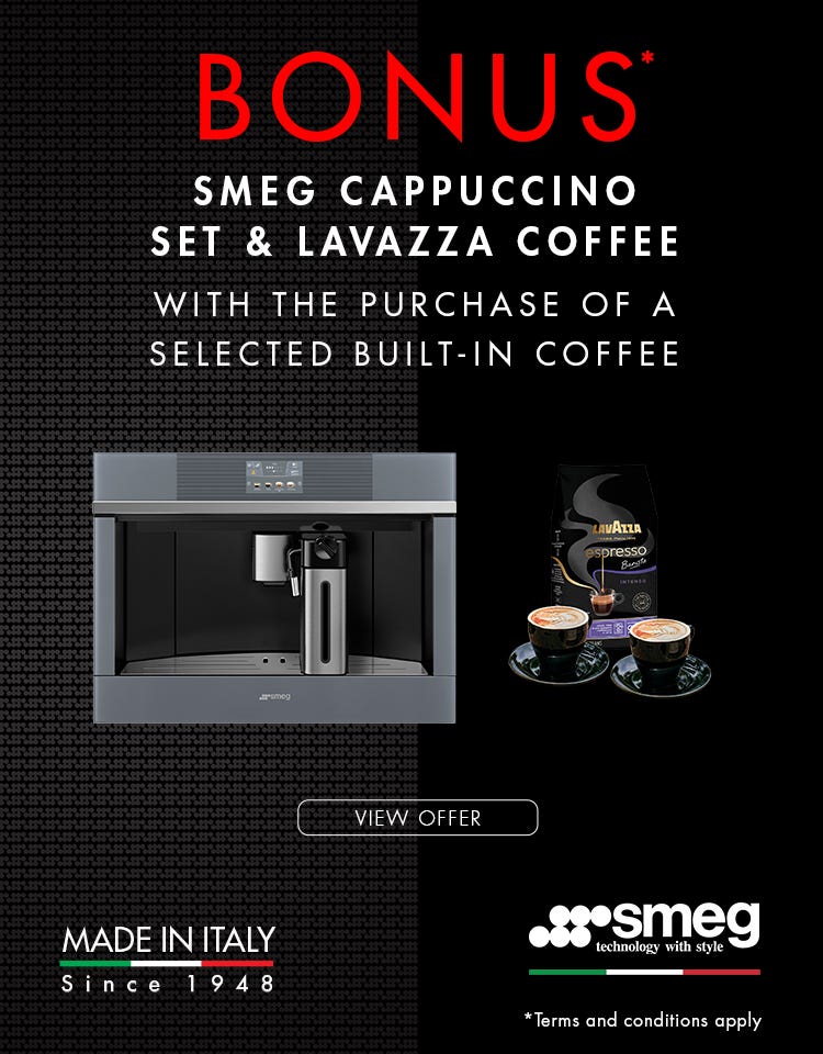 Get a bonus Smeg cappuccino set & Lavazza coffee beans when you purchase a selected Smeg built-in coffee machine. Offer ends 31/05/22. At an e&s near you.