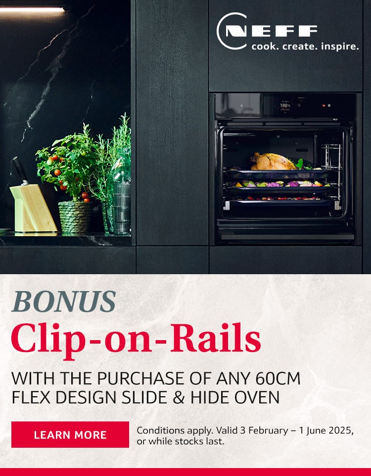 Get a Free Bonus set of Clip-On-Rails with any 60cm NEFF Flex Design Slide & Hide Oven. Offer ends 01/06/25. At e&s where we won't be beaten on price.