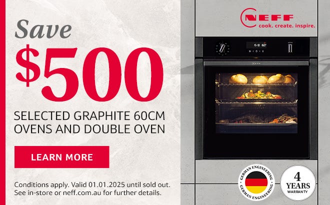 NEFF Cooking Clearance - Save $500* on a NEFF Graphite Pyrolytic Oven. While Stocks Last. At e&s where we won't be beaten on price.