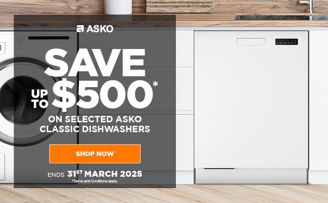 Save up to $600* on selected ASKO Classic Washing Machine, Dryers & Dishwashers. Offer ends 31/03/25. At e&s where we won't be beaten on price.