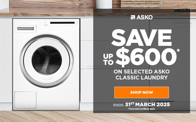 Save up to $600* on selected ASKO Classic Washing Machine, Dryers & Dishwashers. Offer ends 31/03/25. At e&s where we won't be beaten on price.