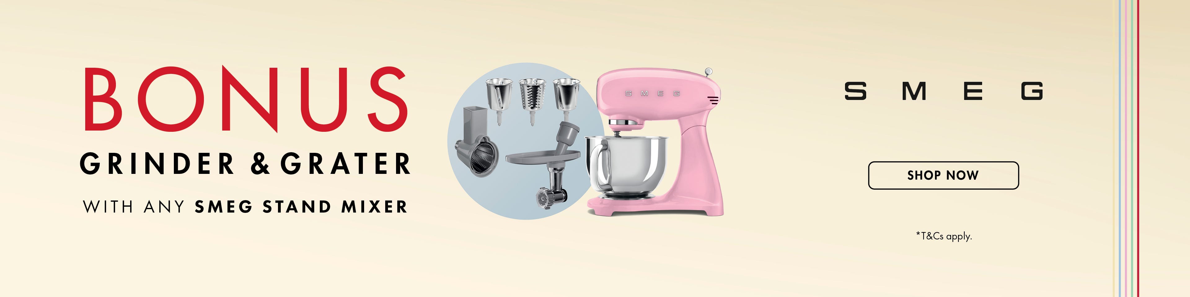 Get a Free Bonus Grinder & Grater Attachment Pack with selected Smeg Stand Mixers. Offer ends 01/06/25. At e&s where we won't be beaten on price.