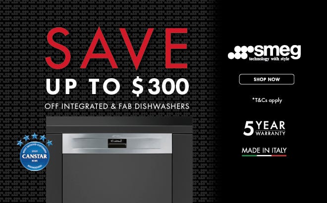 Save Up To $300* on Selected Smeg Integrated & FAB Dishwashers. Offer ends 31/03/25. At e&s where we won't be beaten on price.