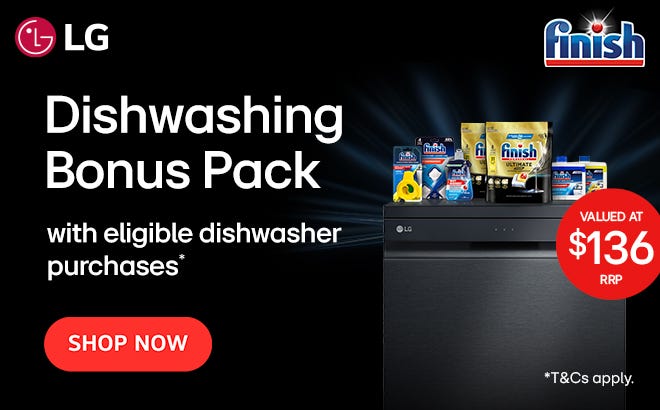 Purchase an eligible LG Dishwasher from e&s and receive a bonus Finish Dishwashing pack*. Offer ends 04/05/25 or while stocks last at e&s where we won't be beaten on price.