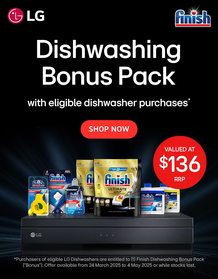Purchase an eligible LG Dishwasher from e&s and receive a bonus Finish Dishwashing pack*. Offer ends 04/05/25 or while stocks last at e&s where we won't be beaten on price.
