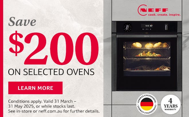 Save $200* on Selected NEFF Graphite Grey Ovens. Offer ends 31/05/25. At e&s where we won't be beaten on price.