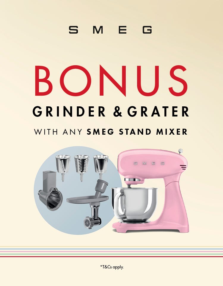 Get a Free Bonus Grinder & Grater Attachment Pack with selected Smeg Stand Mixers. Offer ends 01/06/25. At e&s where we won't be beaten on price.