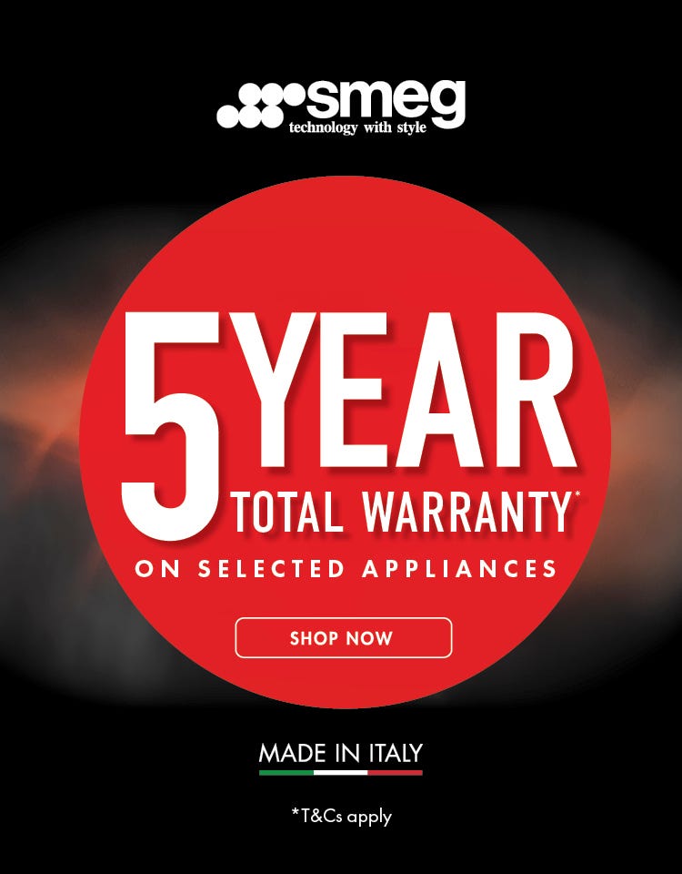 Smeg 5 Year Total Warranty* on selected Smeg Kitchen Appliances. Offer ends 01/06/25. At e&s where we won't be beaten on price.