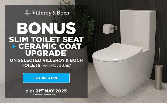Get a Bonus Slim Toilet Seat + Ceramic Coat Upgrade with Selected Villeroy & Boch Toilets. Offer ends 31/05/25. At e&s where we won't be beaten on price.