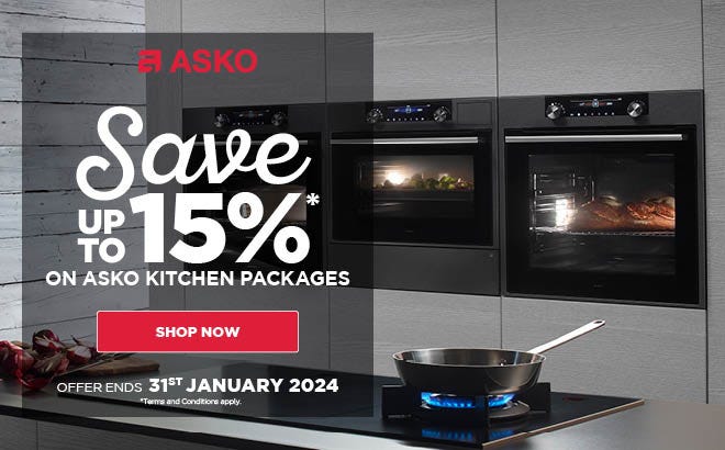 Save up to 15%* on ASKO Kitchen Packages including ovens, cooktops, rangehoods & dishwashers. Offer ends 31/01/24. At an e&s near you.