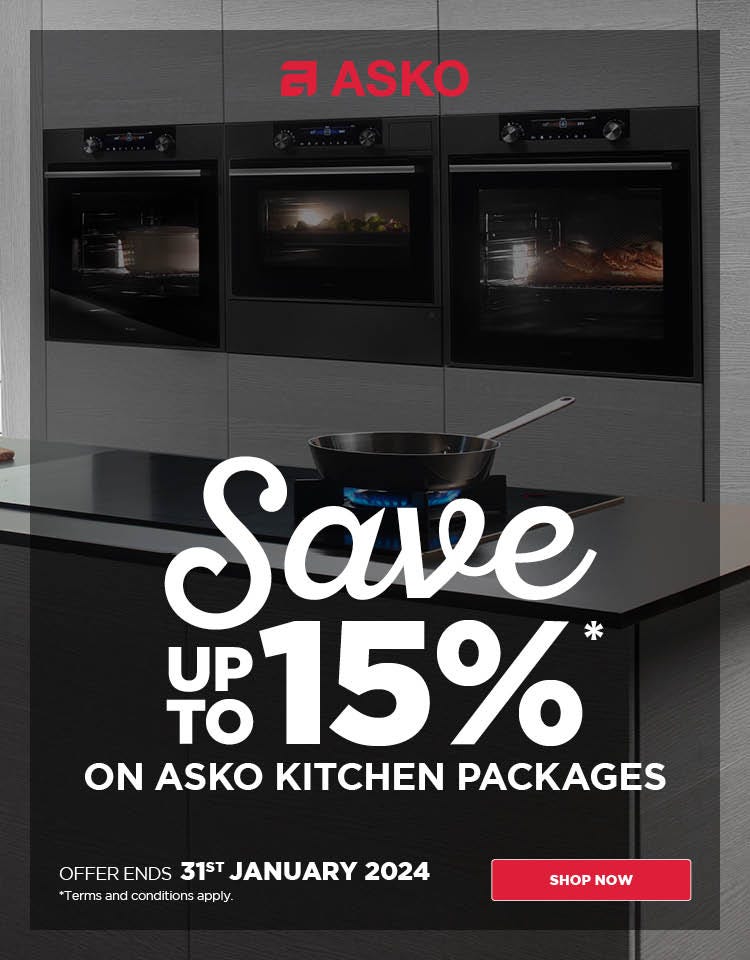 Save up to 15%* on ASKO Kitchen Packages including ovens, cooktops, rangehoods & dishwashers. Offer ends 31/01/24. At an e&s near you.