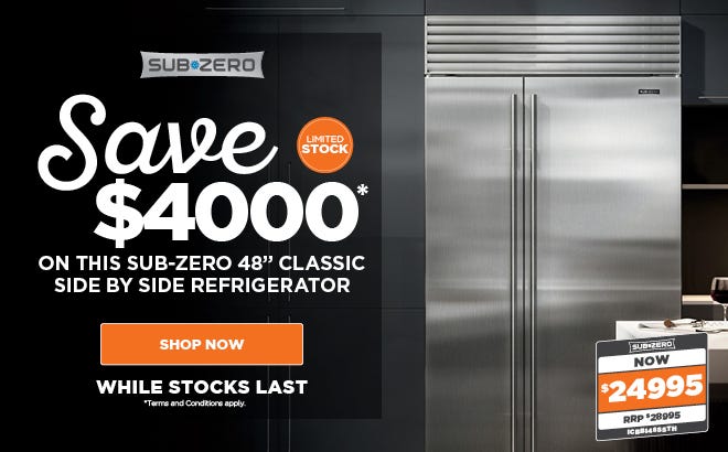 Save $4000 on the Sub Zero 800L ICBBI48SSTH Side By Side Fridge/Freezer at e&s. Hurry - While Stocks Last. At an e&s near you.